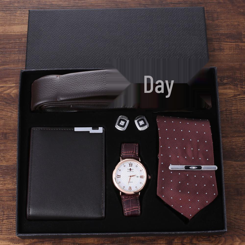 Pánská obchodní módní dárková sada: Křemenné hodinky s dvojitým displejem, pásek, peněženka, manžetové knoflíčky a kravata.