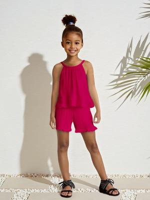 Set Estivo 2025 per Bambina: Top Canotta Senza Maniche e Scollo Bardot con Pantaloncini a Volant