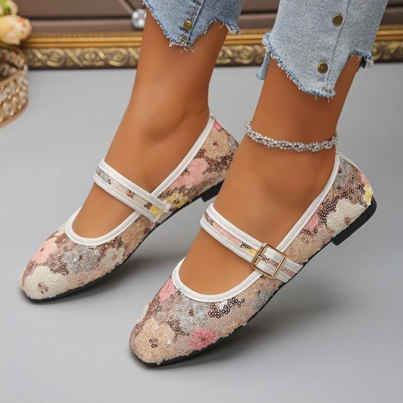 Colorful Sequin Mary Jane Shoes Women's Spring New Round Toe Shallow Mouth with Skirt Flat Slip Single Shoes