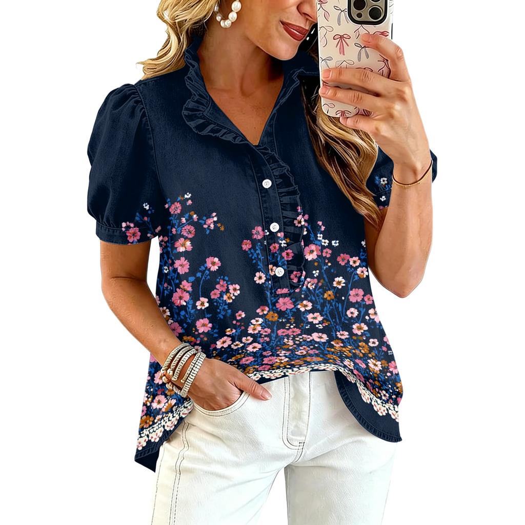 Women Ruffle V Neck Printed Blouse Short Sleeve Casual Loose Fit Top Button Down Lightweight Shirt
