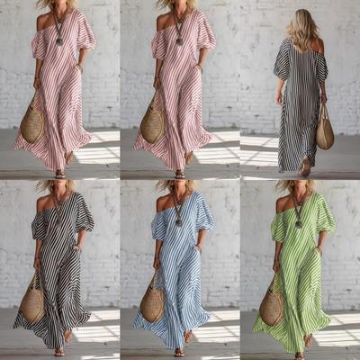 TK 2026 European Fashion: Women's Striped One-Shoulder Long Dress with Short Sleeves