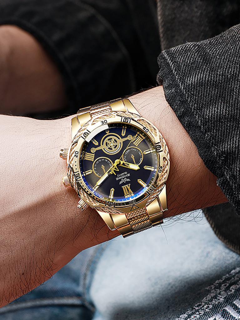 Men's new fashion versatile round dial steel strap quartz watch chain bracelet chain necklace set exquisite atmosphere holiday g