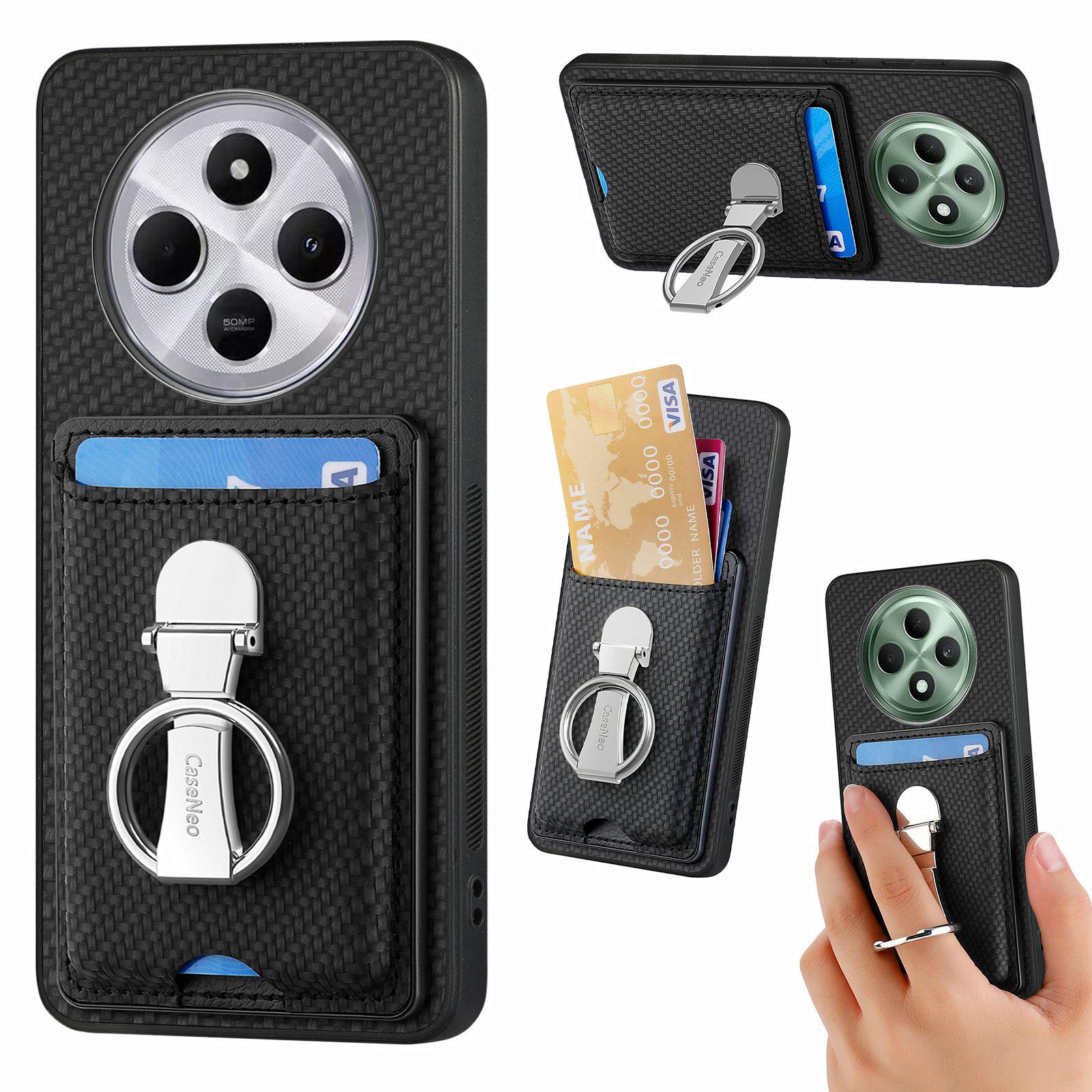 

CASENEO C1-9 Phone Case For Xiaomi Redmi 14C 4G/14R 5G/Poco C75 4G Carbon Fiber Texture Leather Back Cover with Card Slots Kickstand Black