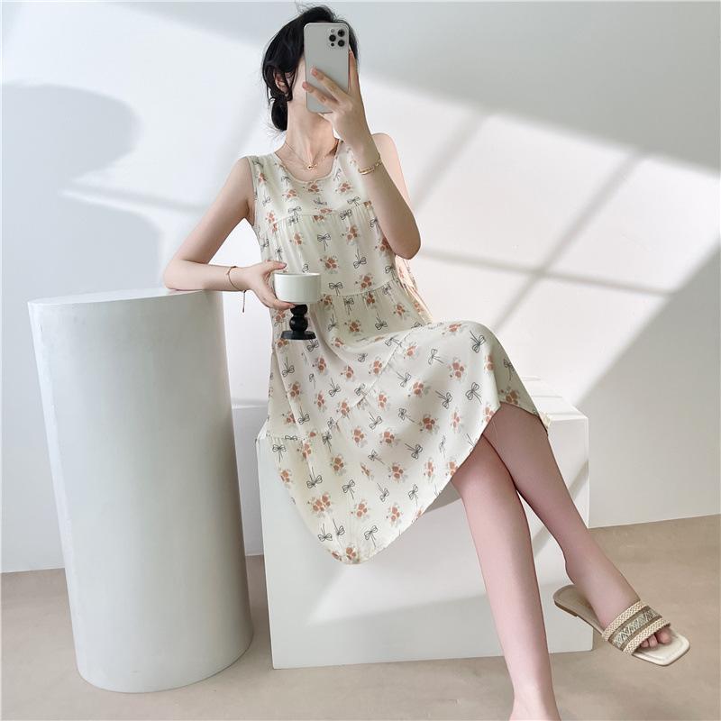 Women's Cotton and Silk Nightgown Summer Thin Internet Celebrity Large Size Printed Pajamas New Sleeveless Loungewear