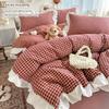 3pcs Red,black Plaid Duvet Cover Set (1*Duvet Cover + 2*Pillowcase, Without Core), Lace Embroidery Bedding Set