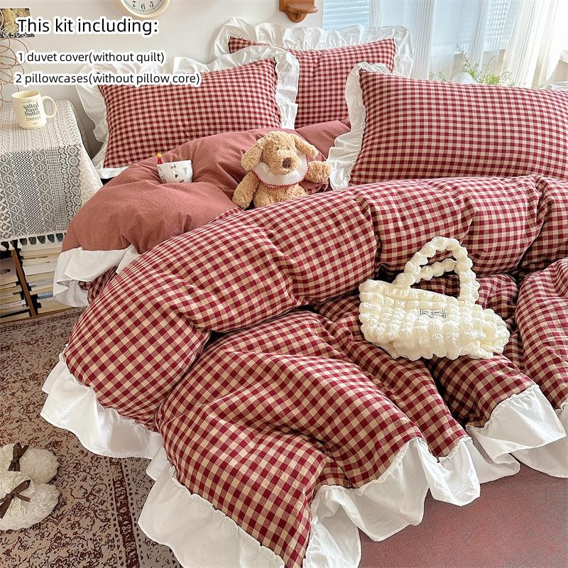 3pcs Red,black Plaid Duvet Cover Set (1*Duvet Cover + 2*Pillowcase, Without Core), Lace Embroidery Bedding Set