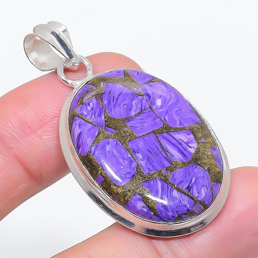 

Natural Copper Charoite Gemstone 925 Sterling Silver Jewelry Pendant 1.85 P9Z35
