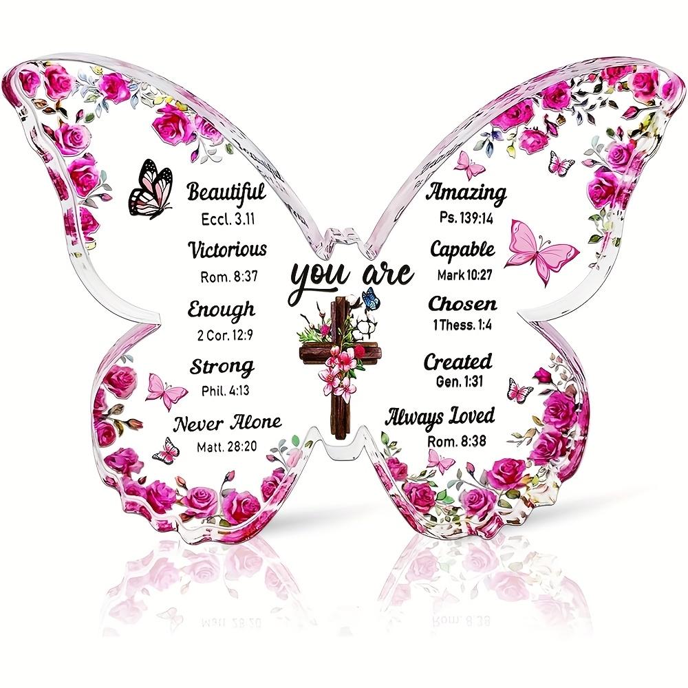 Vintage Acrylic Sign, Inspirational Christian Butterfly Acrylic Plaque -  You Are Enough, Strong, Never Alone  with Scripture Verses & Floral Design 7.7*10cm