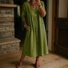 Women's V Neck Three Quarter Sleeve Loose Fit Lace Spliced Linen Blend Midi Dress Solid Color Casual Vacation Daily Wear Long Sundress