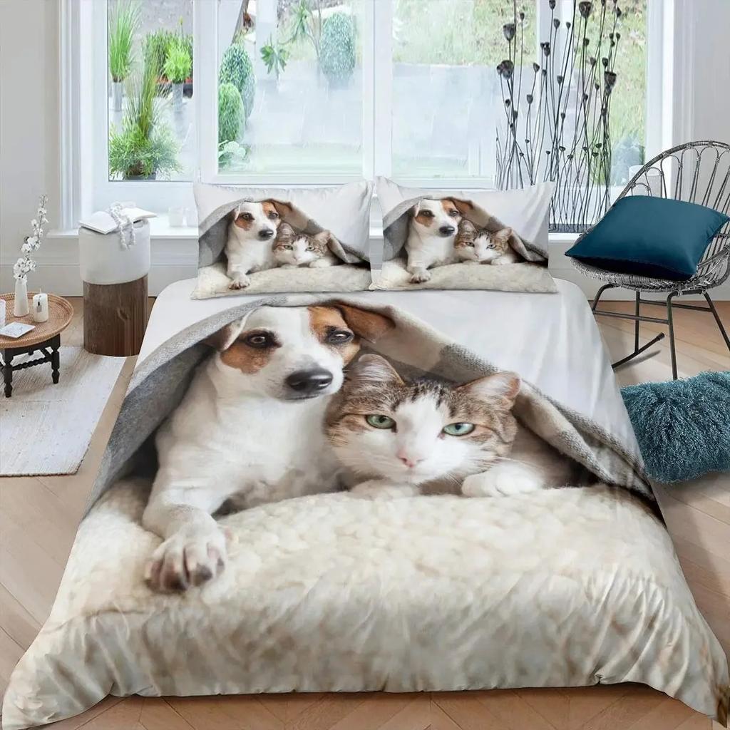 Katzen- und Hunde-Bettbezug-Set Mops Bettwäsche-Set Kawaii Welpe Tier Bettdeckenbezug Valentinstag Liebesherz Hochzeit Steppdeckenbezug