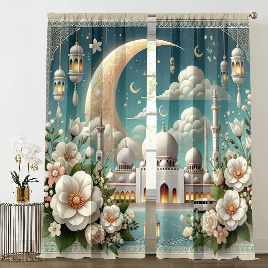 

Set Of 2 Blues Islamic Temple Flower Curtains Dreamy Soft Style Bedroom Living Room Drawbar Pocket Decorative Made Polyester Window Treatment W100*H70(CM)-Hooks&1PCS