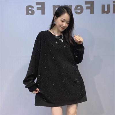 Ein lässiges Rundhals-Midilanges Voll-Diamant Langarm-Sweatshirt für Damen für Herbst und Winter, lockeres und Übergrößen-Oberteil