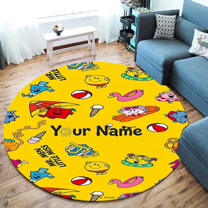 Mr Men Adventure Custom Name Round Area Rug Carpet Rug For Living Room Bedroom Sofa Playroom Decor Nonslip Floor Mat