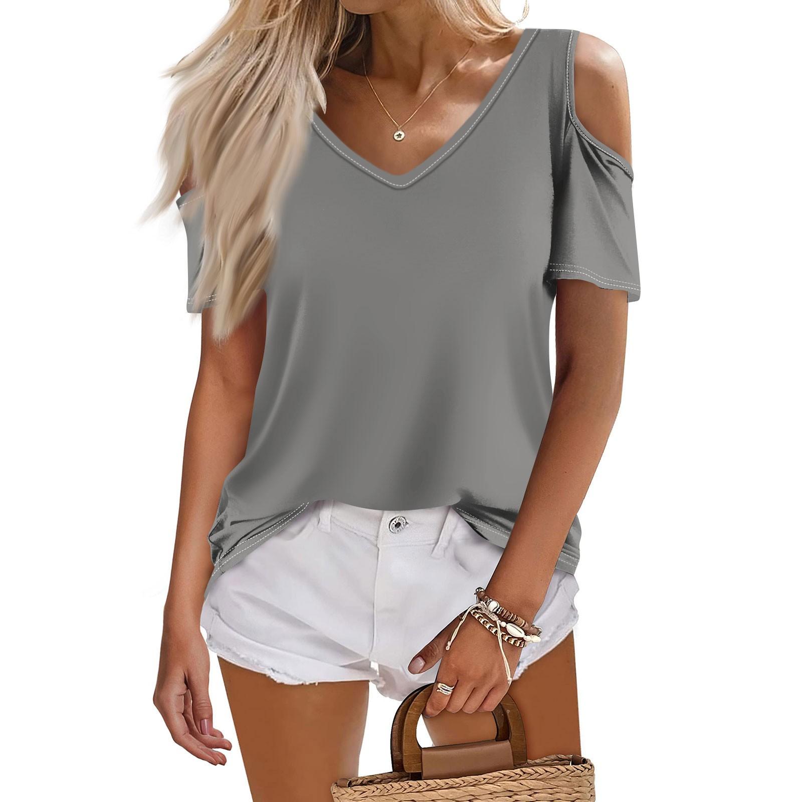 

Женская летняя модная повседневная однотонная футболка с v-образным вырезом и коротким рукавом, топ L серый