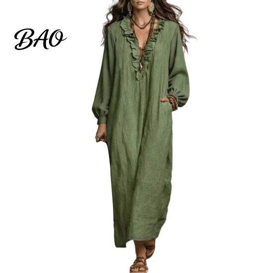 Solid Color Dress Women Ruffle V Neck Long Dress, Loose Fit Casual Midi Dresses Sleeves for Spring Autumn