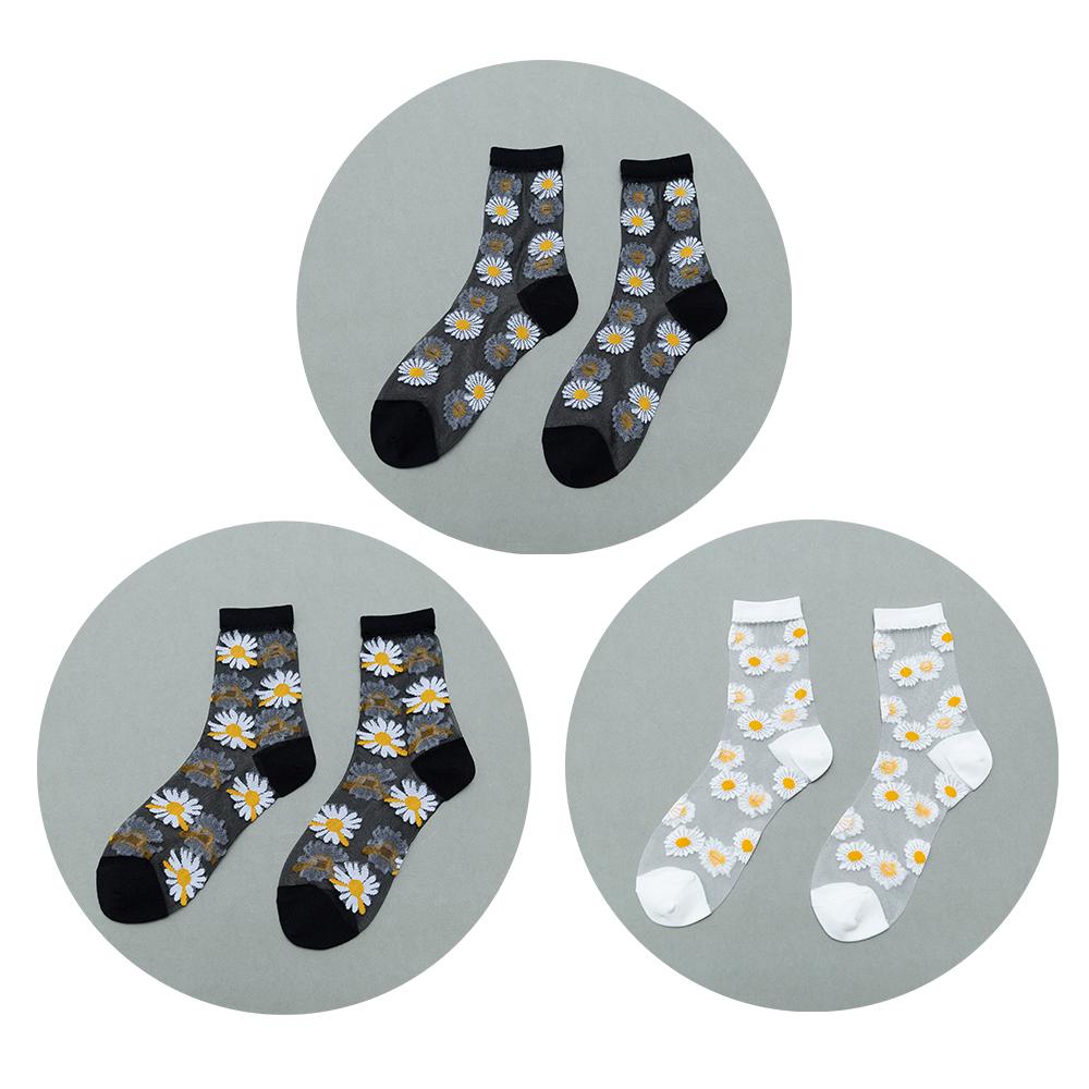 3 Pairs Of Women's Flower Socks Summer Crystal Glass Stockings Medium Short Tube Thin Transparent Daisy  Jacquard Elastic  Socks