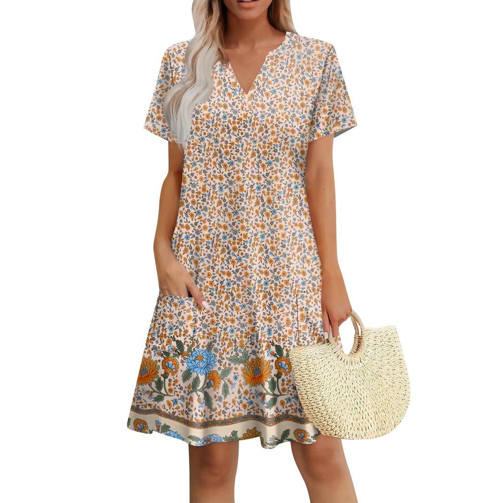 Women's Dress Casual V Neck Wedding Guest Dress Short Sleeve Fashion Beach Vacation Clothing