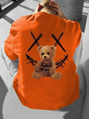 Unisex Summer Cotton T-shirt Trap Brown Bear Pattern Printing Round Neck Loose Top Breathable Comfortable Casual Plus T-shirt