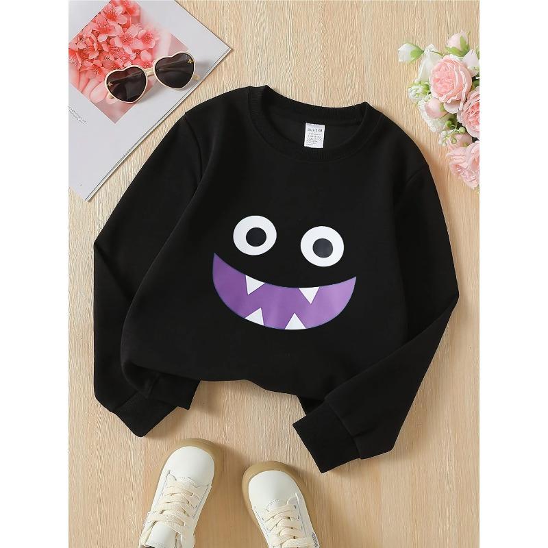 Kids Crewneck Sweatshirt, Blue Big‑Eyes Face Print,Casual Sportswear for Spring & Autumn