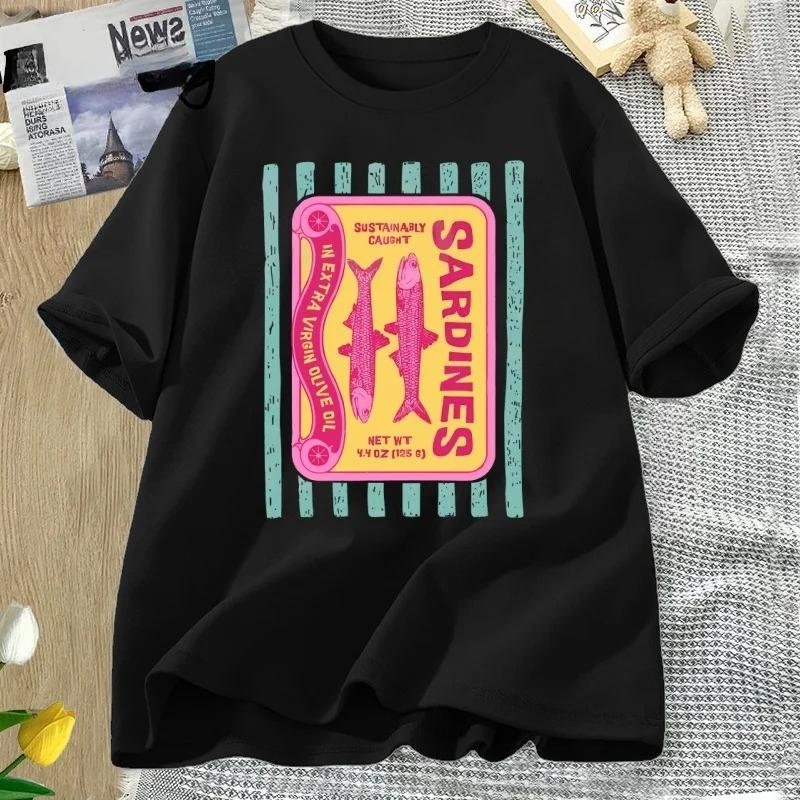 Sardines Graphic T-Shirt Retro Foodie Tee Tinned Fish Print T Shirt Coastal Summer Tee Fisherman Aesthetic Tee Woman Clothing