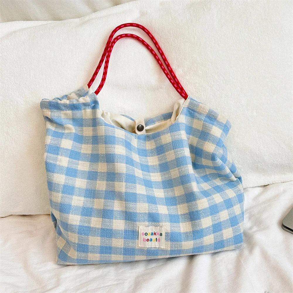 

Casual Plaid Women Shopping Bag Large Capacity Ladies Daily Tote Handbags Cotton Cloth Double-sided Girls Shoulder Bags синий