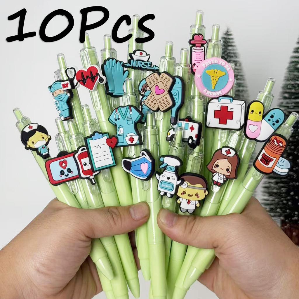 10Pcs Green Series Medical Pens, Quick-Dry Plastic Ballpoint Pens with Medium Tip, Suitable for Nurses and Healthcare Professionals, Retractable Closu