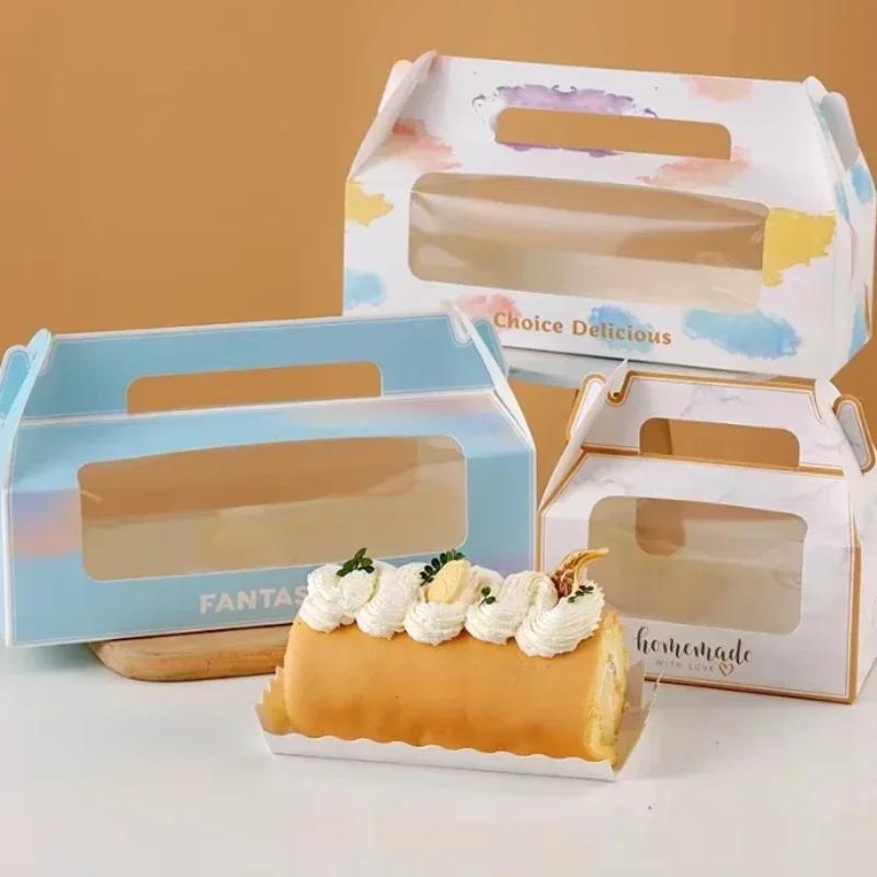 10/20 Sets New Color Cake Roll Packaging Portable Box Long Swiss Roll Cardboard Box Mousse Towel Roll Clear Window Packaging Box
