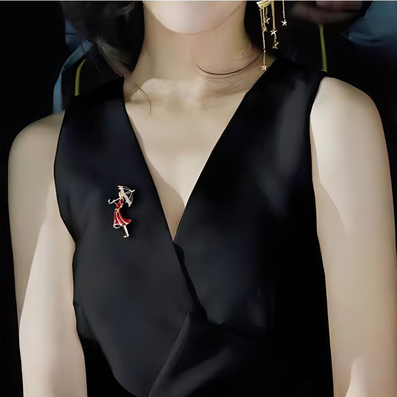 Fashionable Modern Girl Holding Umbrella Cartoon Simple Dripping Oil Versatile Brooch