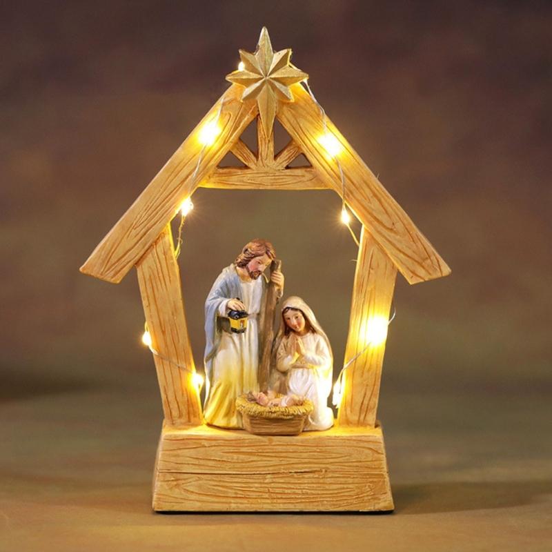 Warm LED Illuminating Nativity Scene Ornament Resin Craft Holy Family Figurine Statue Festive Christmas Display Piece