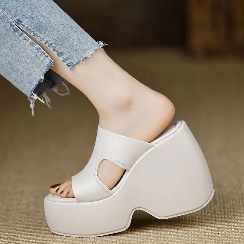 Damenschuhe Hohe Qualität Offene Zehen Damen Hausschuhe Sommer Einfarbig Schlicht Outdoor Lässig Plateau Keilabsatz Hausschuhe Zapatos De Mujer