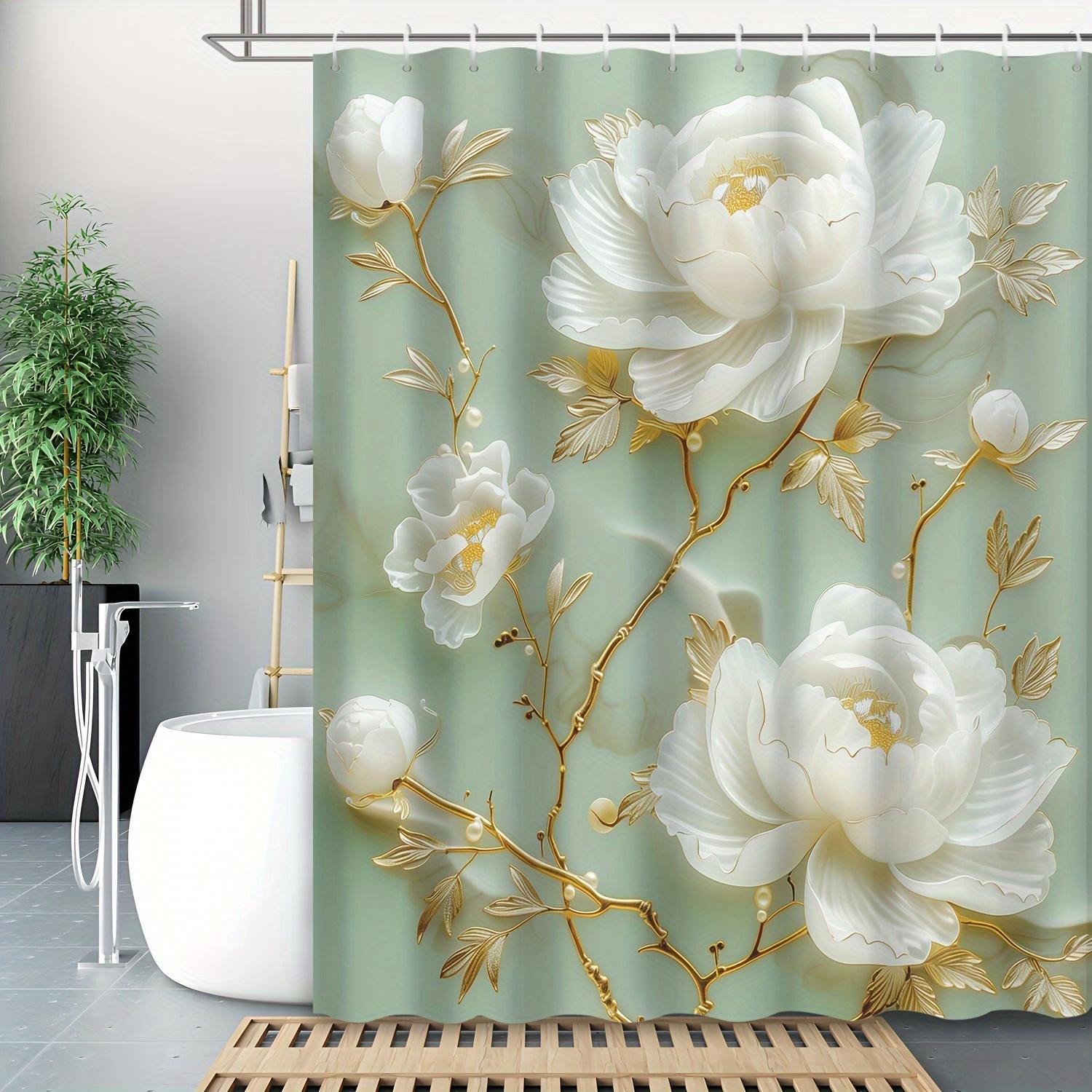 

Elegant Peony Shower Curtain - Golden Leaf Design, Waterproof Polyester, Machine Washable, Floral Bath Decor W60H190(CM)-1 Pcs