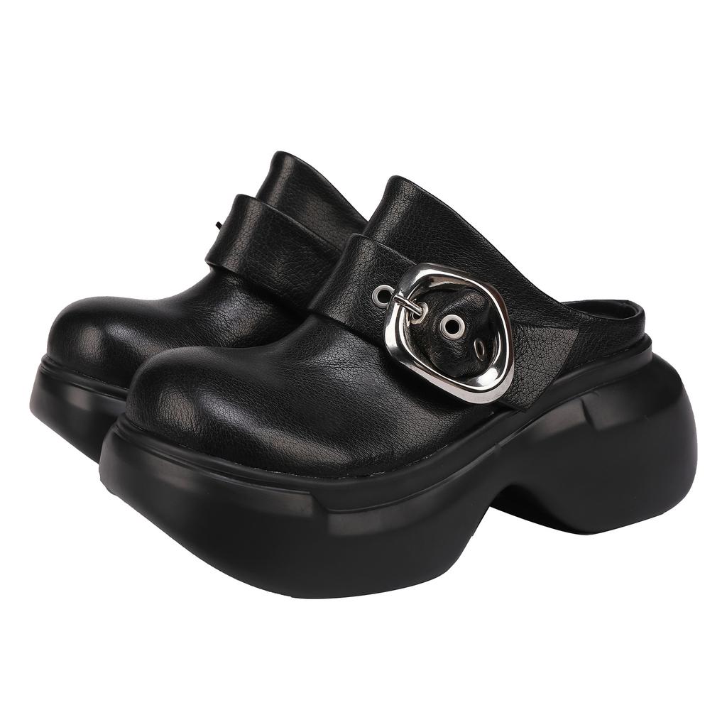 Johnature Genuine Leather Round Toe Thick Soled Shoes Retro Belt Buckle Outdoor Platform Slippers