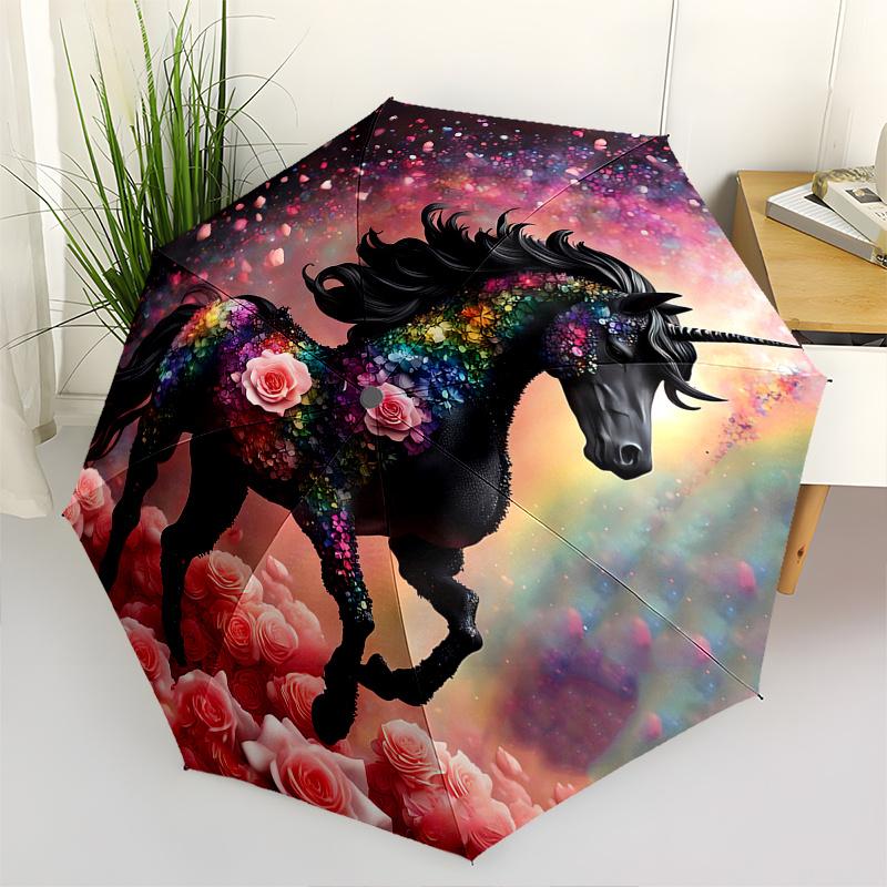Unicorn, Floral Theme 8 Bone Hand Automatic Folding Fashion Umbrella, Compact and Portable Design, A Perfect Gift for Birthday, Christmas or