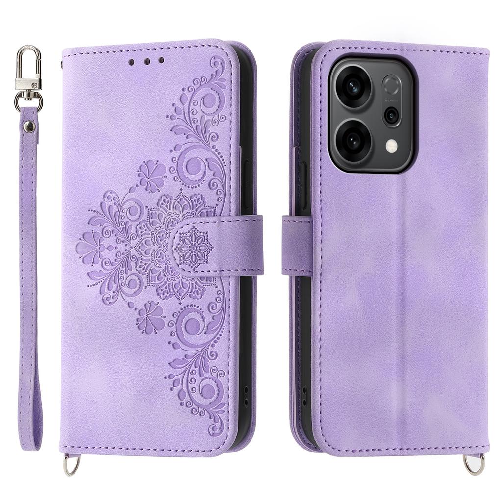 For Oppo Reno14 5G (Global) Case Flower Pattern PU Leather Wallet Phone Cover with Strap