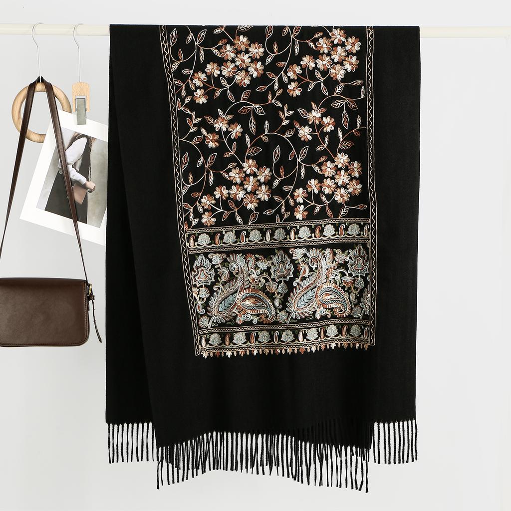 Woman Winter Warm Embroidery Floral Scarf Pashmina Shawl Tassel Scarves Fashion Long Wrap Solid Cashmere Like Mulffer 190*90Cm