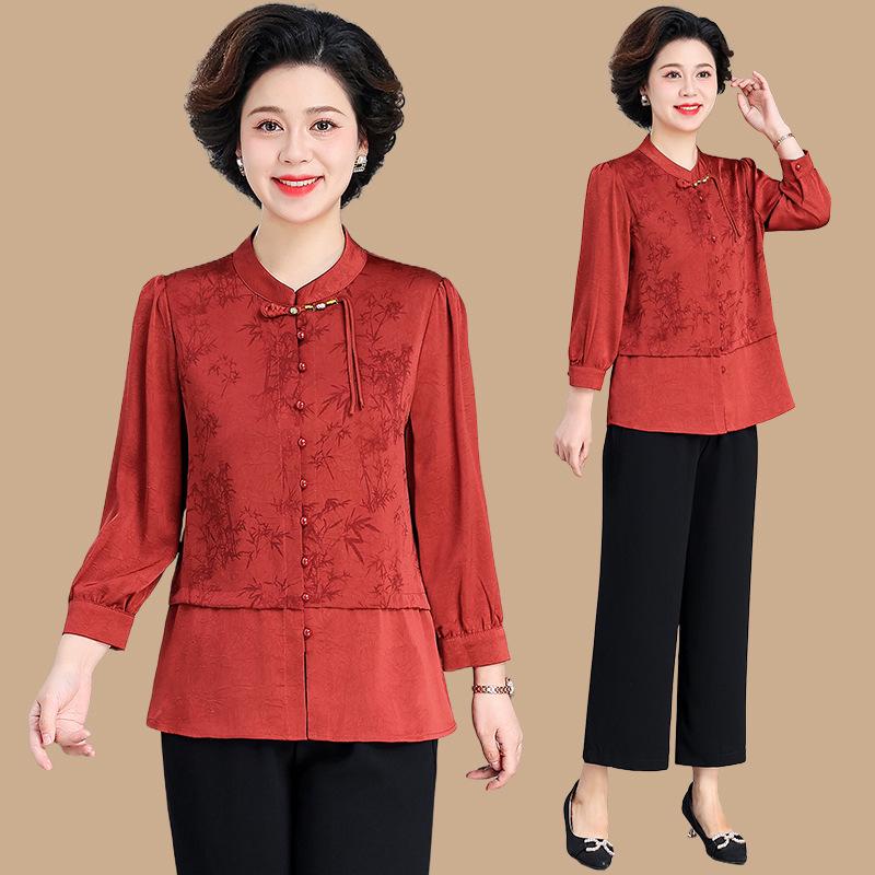 Autumn Mother's Day Chinese Style Two-Piece Shirt Set for Elegant Middle-Aged Women