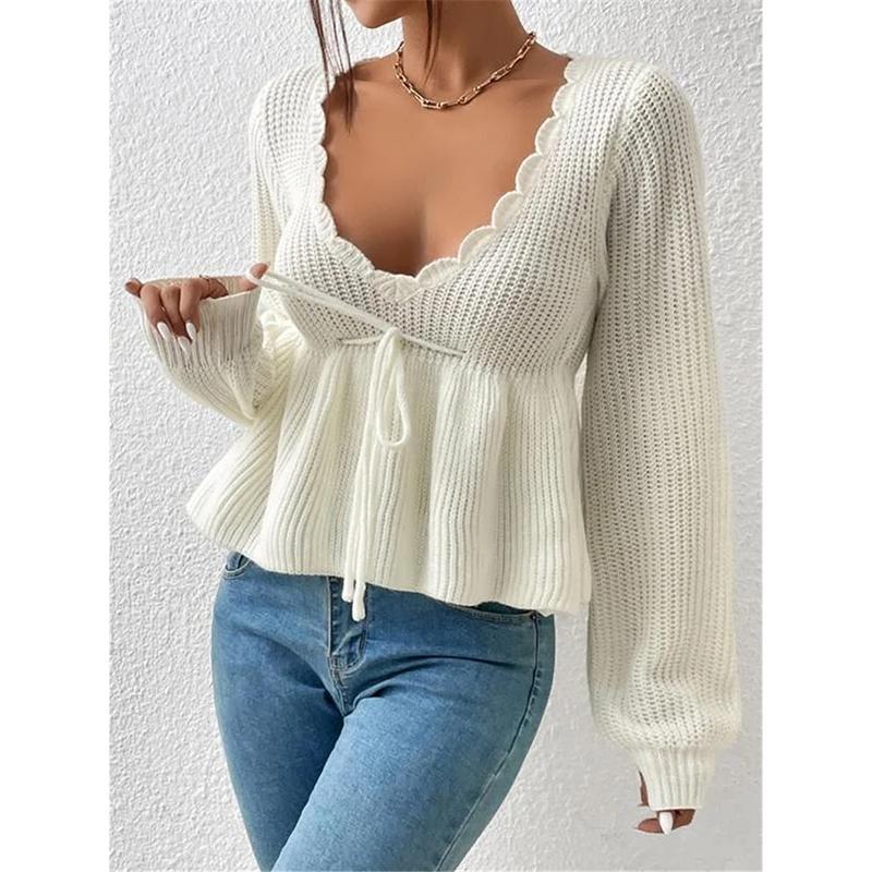 Women's Hollow Out Knitted Sweater Spring Autumn Sexy Deep V Lace Up Pullover Tops Solid Long Sleeve Knitwear Sweater Femme