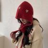 Woolen Neck Collar Beanies Cap Embroidered Flowers Pullover Cap Knitted Balaclava Hat  Winter