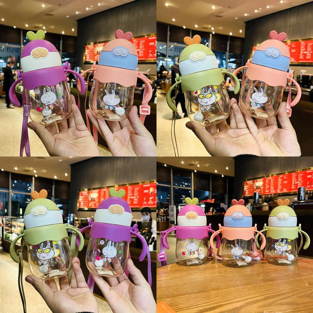 Neuer Kinder-Trinkbecher mit Strohhalm, Griff und Schultergurt, PC-Material, 450 ml, Lila/Rosa/Grün