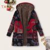 Women Winter Coat Retro Floral Print Zip Up Hooded Jacket Mid Length Plush Thick Warm Pockets Long Sleeves Daily Leisure Wear
