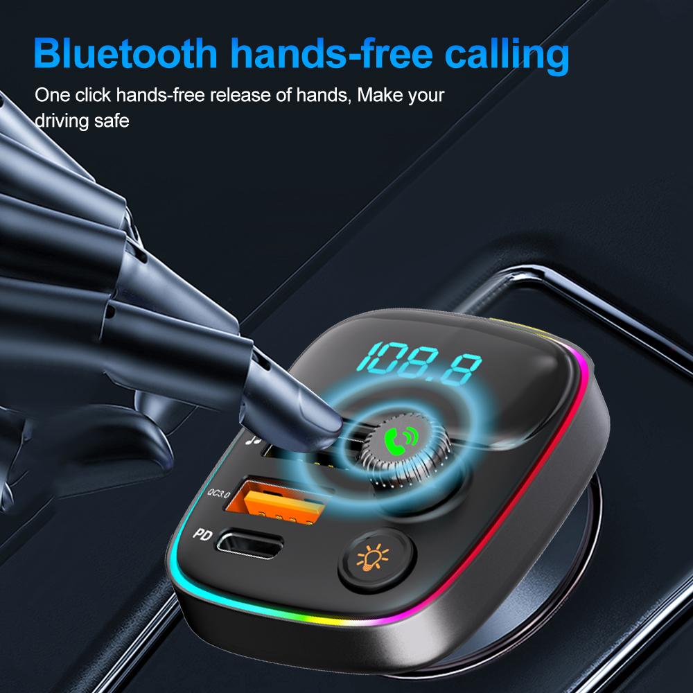 Bluetooth 5.3 FM Transmitter Car Charger Car Radio Modulator MP3 Player with 36W PD QC3.0  Quick Charge Adapter Colorful Lights