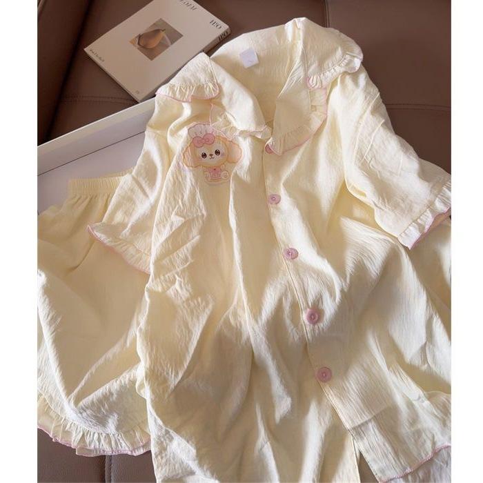 

Japanese cute butter lace cake summer pajamas women s new short-sleeved shorts summer loungewear suit outer wear S [recommendation 35-40kg]