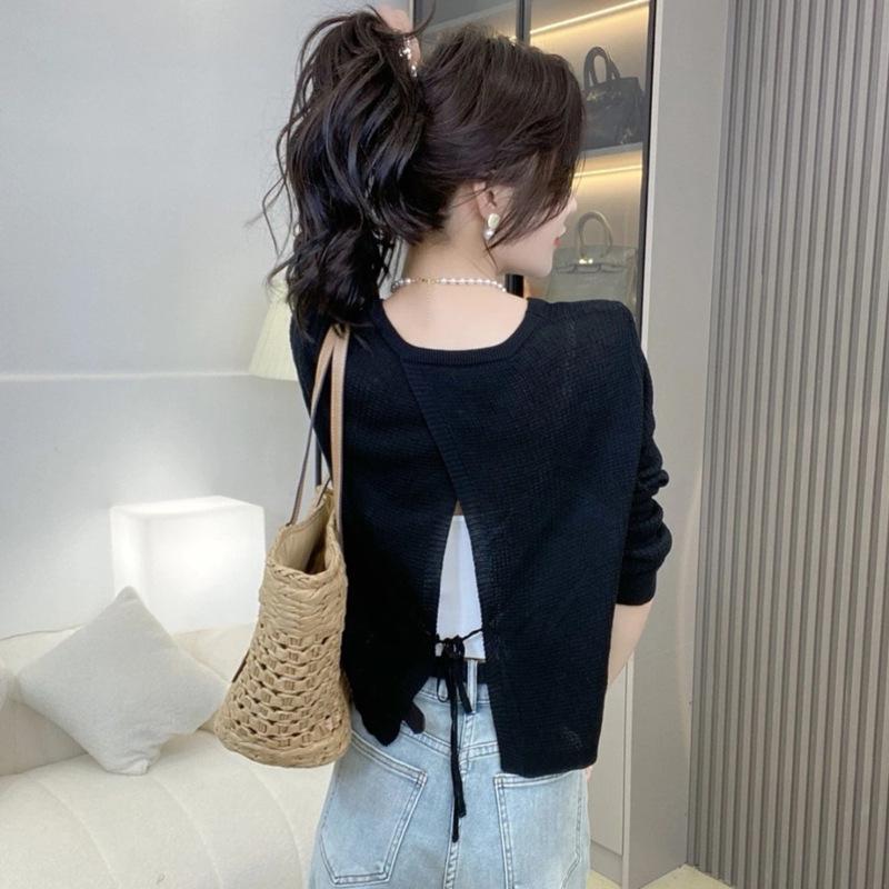 Dámský pletený kardigan z ledového hedvábí - Korejský styl, Lehký, Krátká šála se zadním rozparkem a vázáním, Perfektní svrchní oděv proti slunci