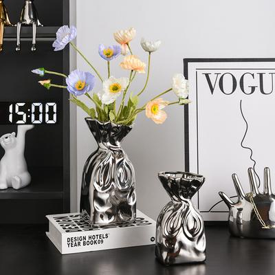 European Ceramic Silver Vase Pleated Bunched Mouth Hydroponic Flower Ware Living Room Dining Table Floral Vase Wedding Ornament