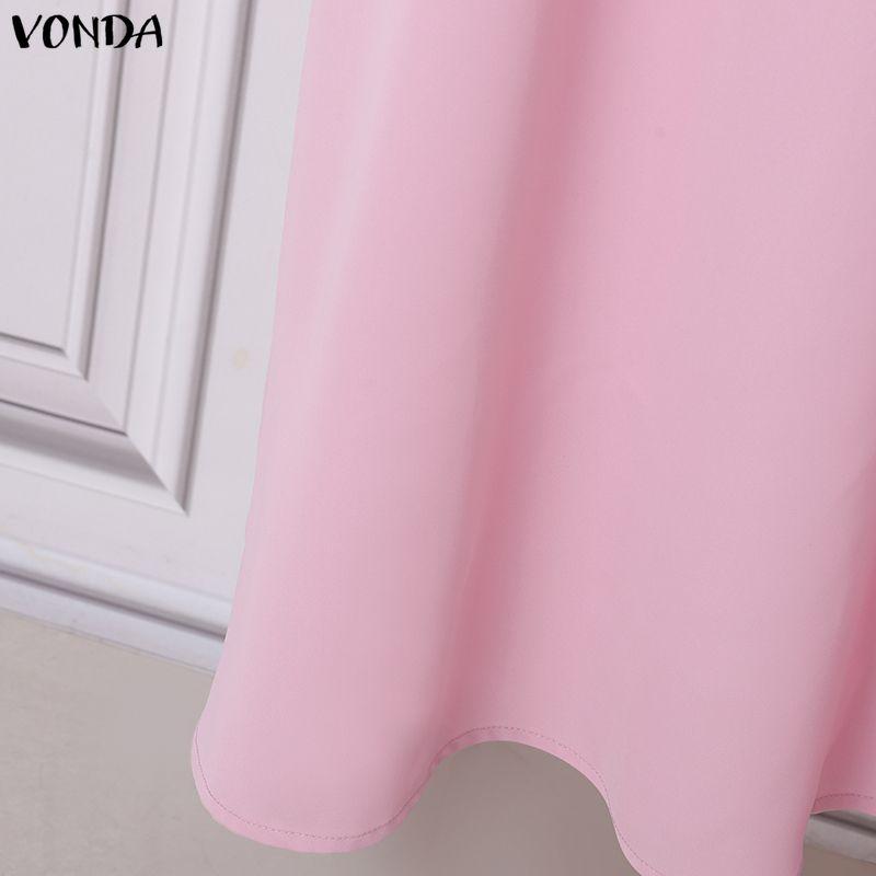 VONDA Summer Women Short Sleeve V Neck Solid Bandage Casual Long Maix Dress