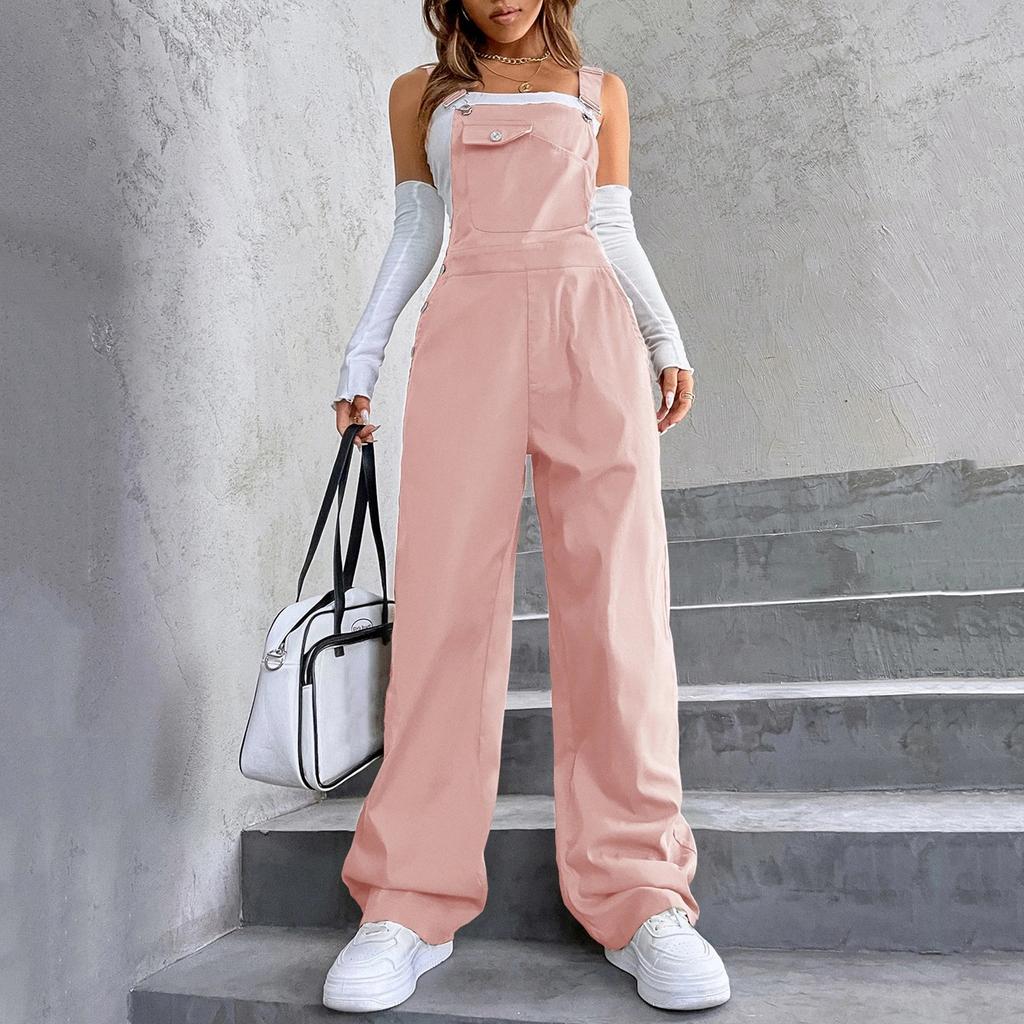 Damen Mode Vintage Tasche Gerade Bein Arbeitskleidung Overalls Lässige Hose Farbe Jumpsuit