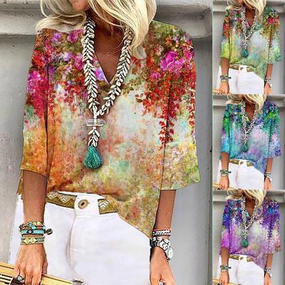 Shirt Women's Fashion Blouse Femme Summer Casual Tops Printed V-Neck Half Sleeve T Shirt Plus Size S-3XL