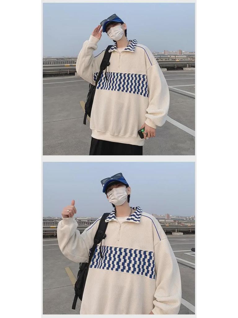 Retro Color Block Waffle Sweatshirt: Men's Half-Zip Polo Jacket for Spring and Autumn.