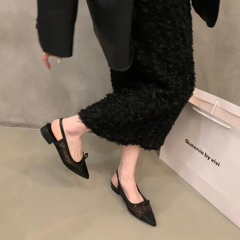 Women's 2026  Polka Dot Chunky Heel Graceful Pointed Toe Shallow Mouth Slimming Baotou Bow Shoes Women