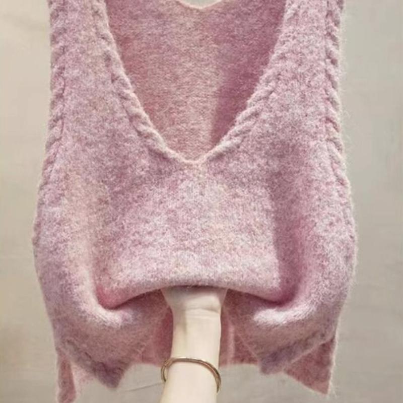 Women's Korean Chic Retro Lazy Style Knitwear High-End Pink V-Neck Vest Sweater